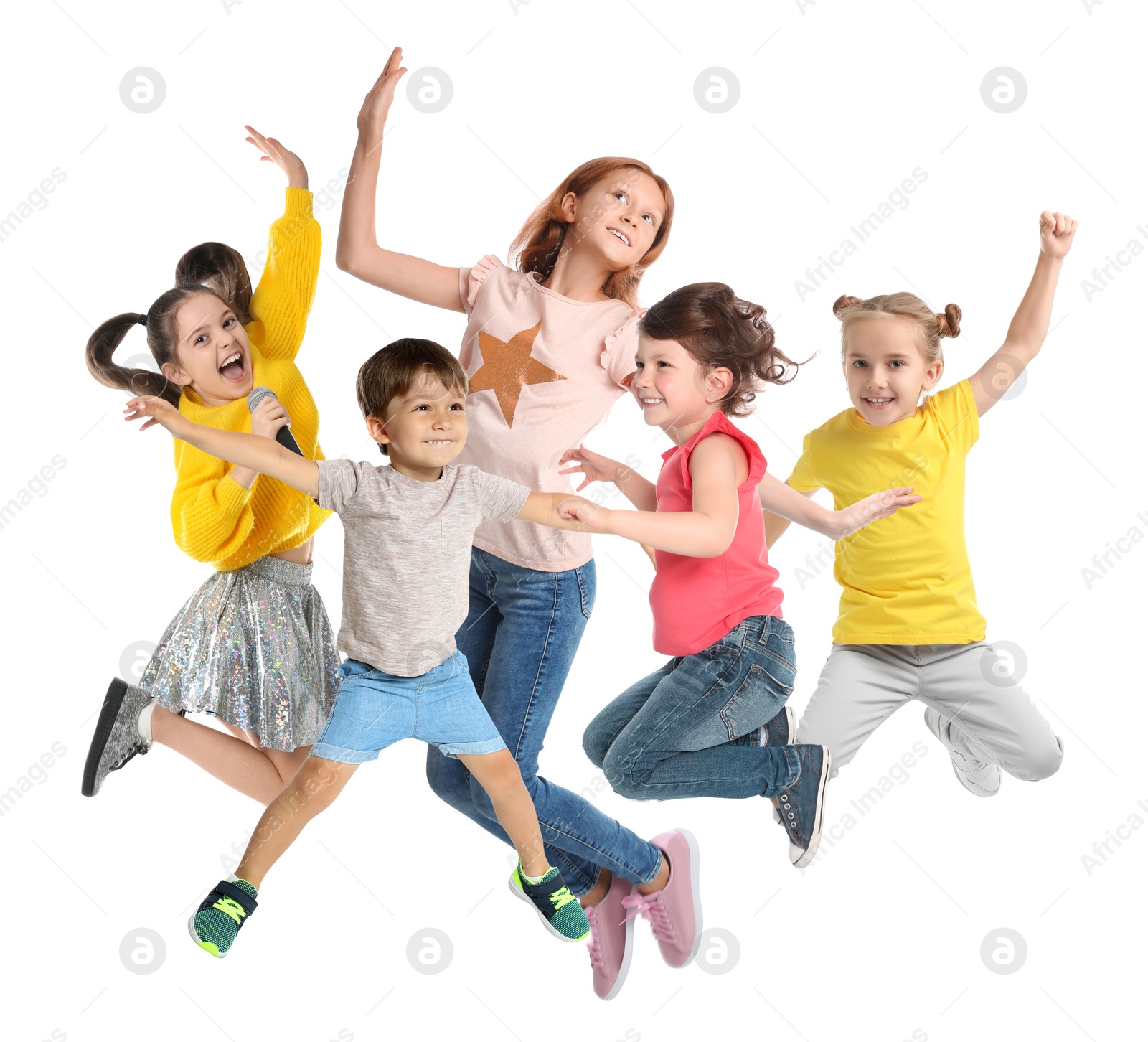 Image of Collage of emotional children jumping on white background