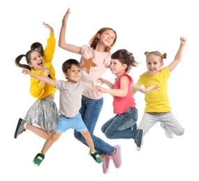 Image of Collage of emotional children jumping on white background