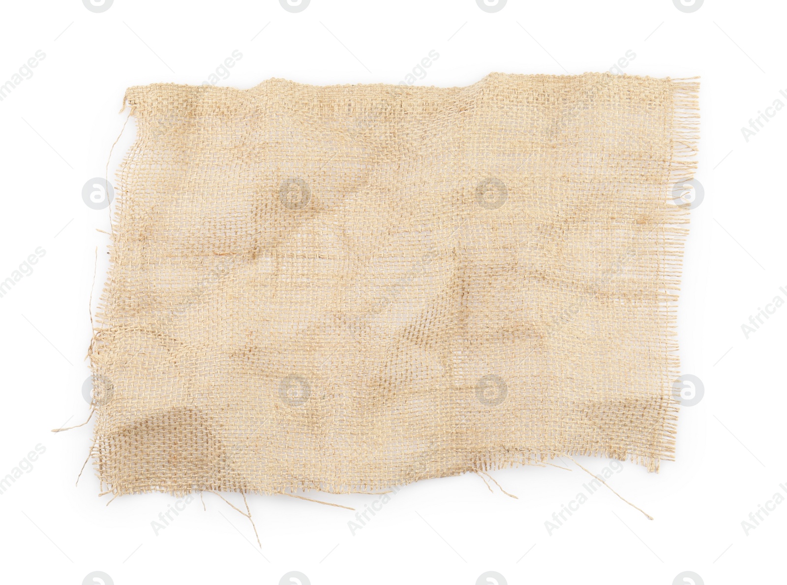 Photo of Piece of burlap fabric isolated on white, top view