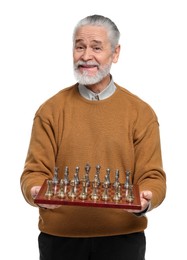 Man with chessboard and game pieces on white background