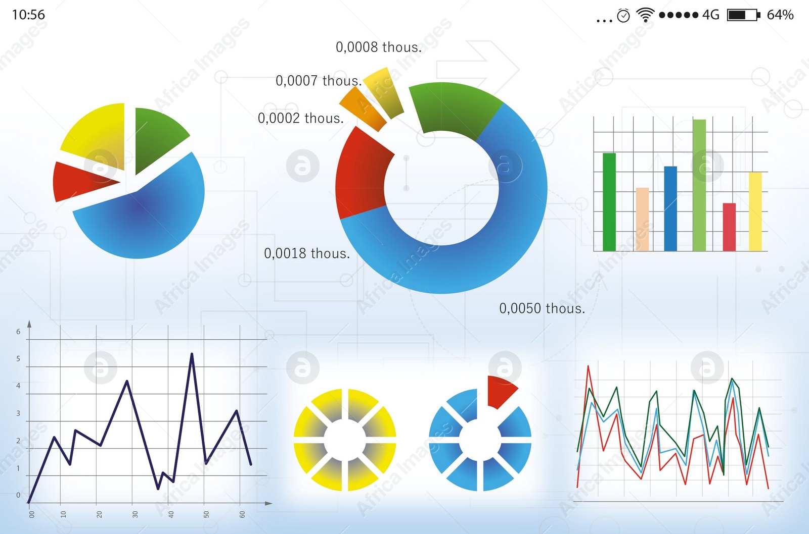 Illustration of Different colorful graphs with statistic information. Illustration 