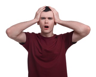 Photo of Portrait of surprised man on white background