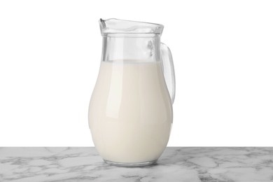 One jug of tasty milk on marble table against white background