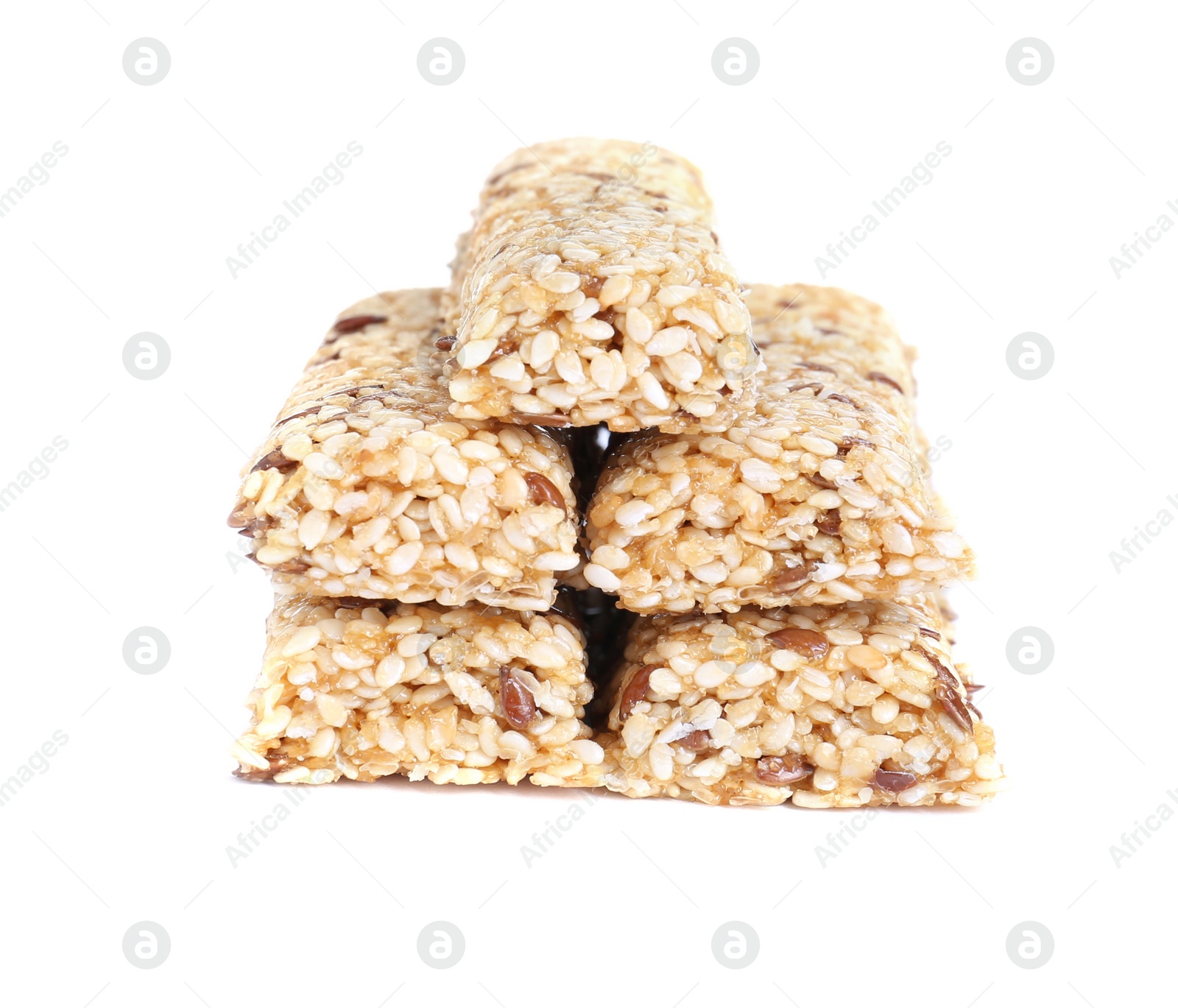 Photo of Tasty sesame seed bars isolated on white