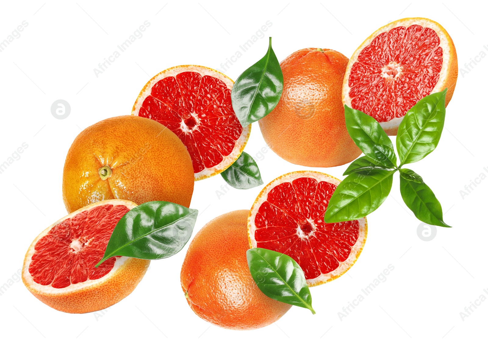 Image of Tasty ripe grapefruits and green leaves falling on white background