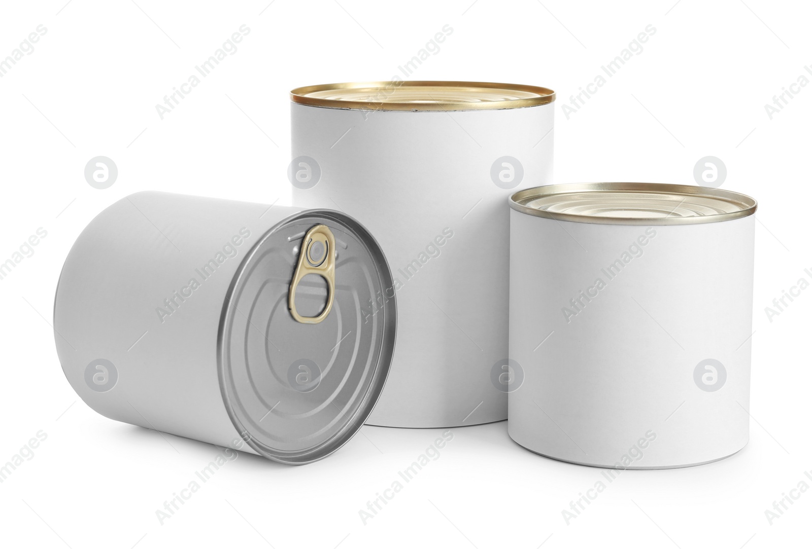 Photo of Closed tin cans isolated on white, mockup for design