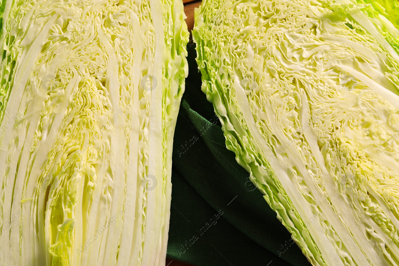 Photo of Fresh Chinese cabbages on table, top view