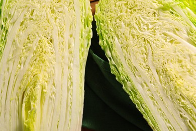 Fresh Chinese cabbages on table, top view