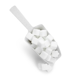 Photo of Sugar cubes in scoop isolated on white, top view