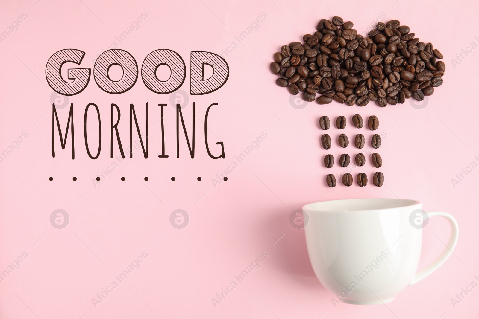 Image of Cloud and raindrops made of coffee beans falling into cup on pink background, flat lay. Good morning 