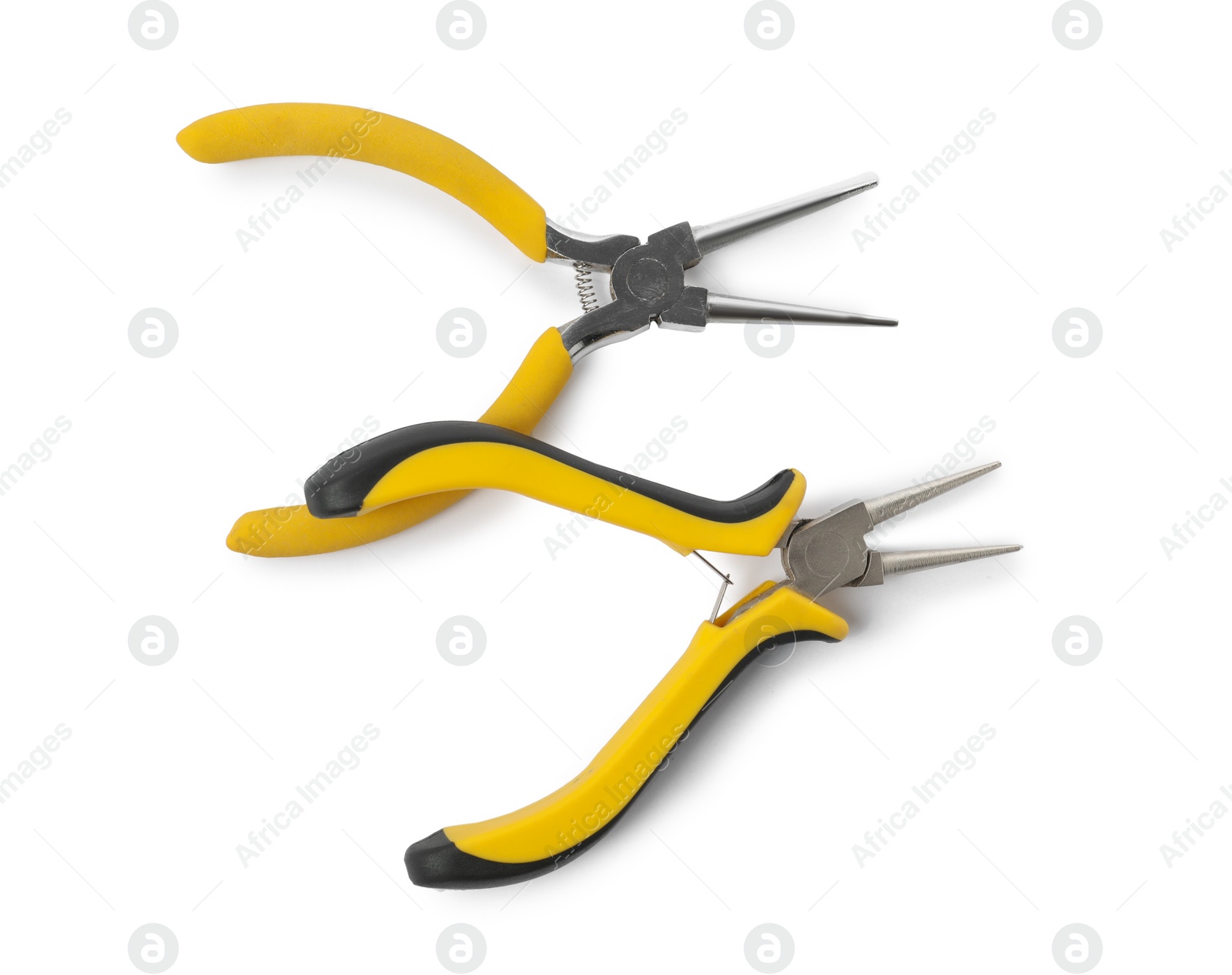 Photo of Two round nose pliers isolated on white, top view