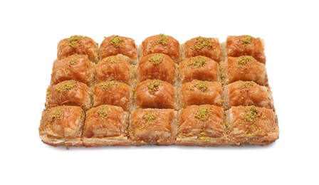 Photo of Delicious sweet baklava with pistachios isolated on white