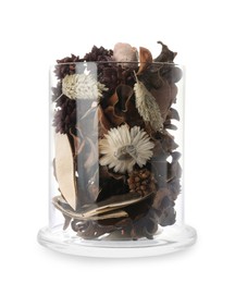 Aromatic potpourri of dried flowers in glass jar on white background