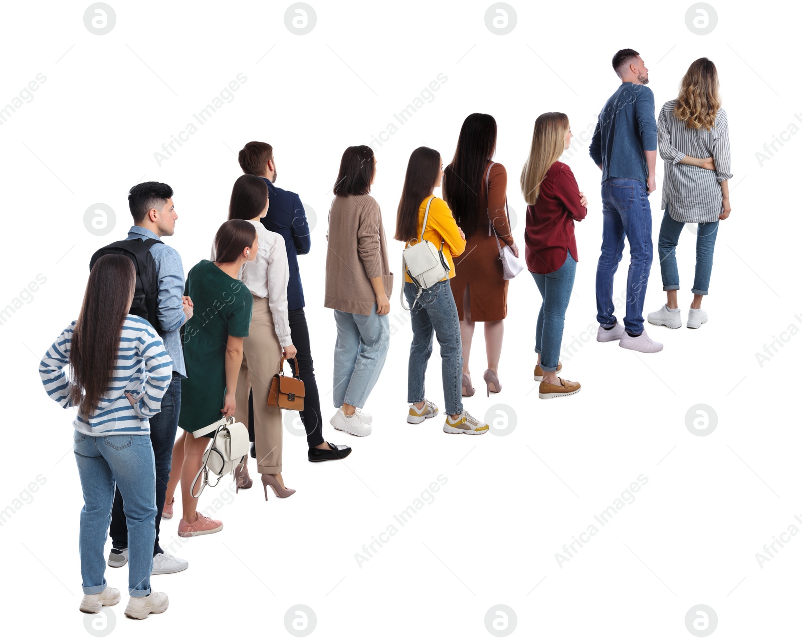 Image of People waiting in queue on white background, back view