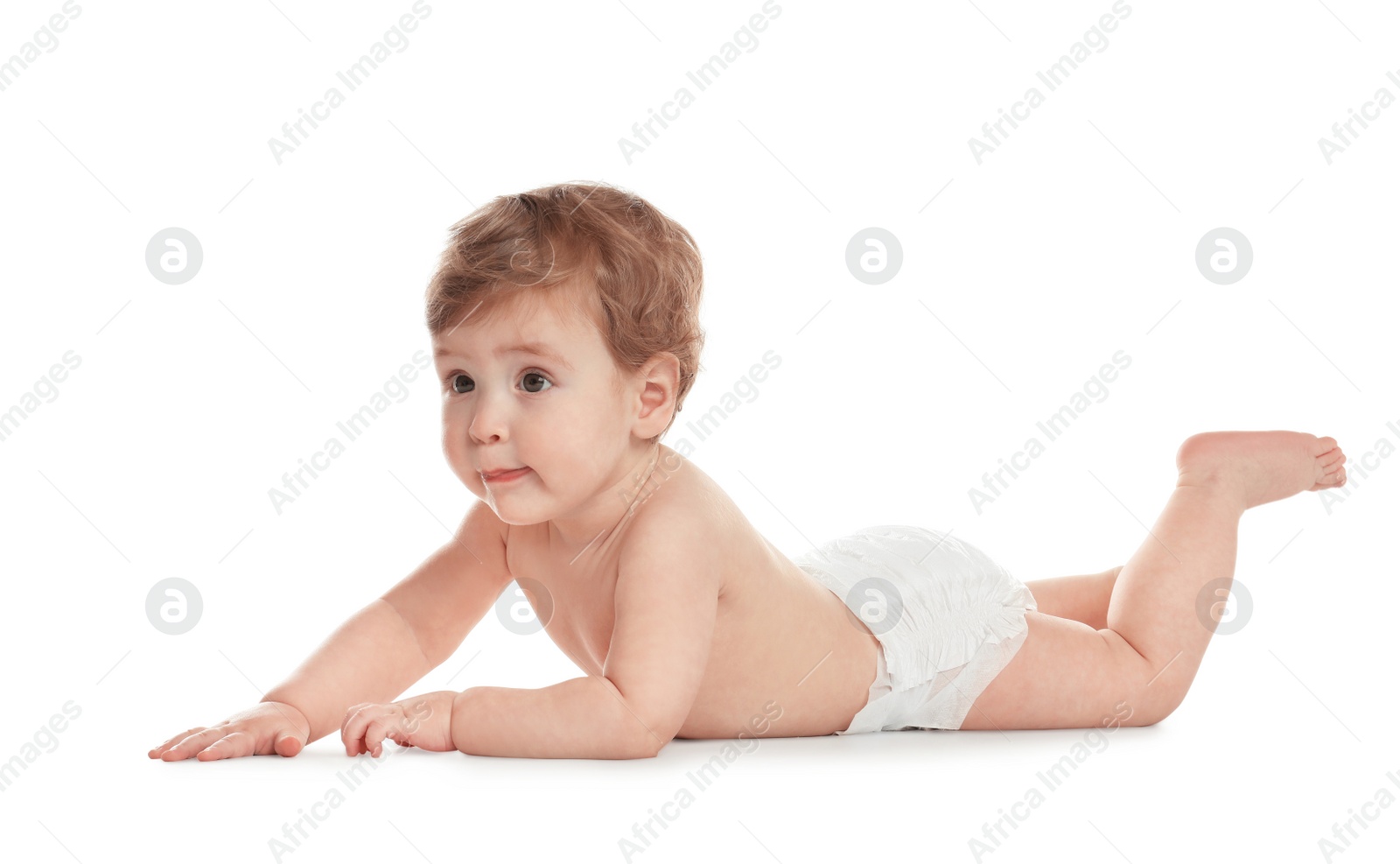 Photo of Cute little baby in diaper on white background