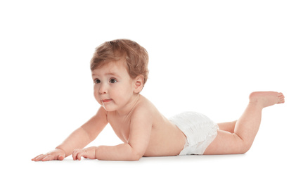 Photo of Cute little baby in diaper on white background