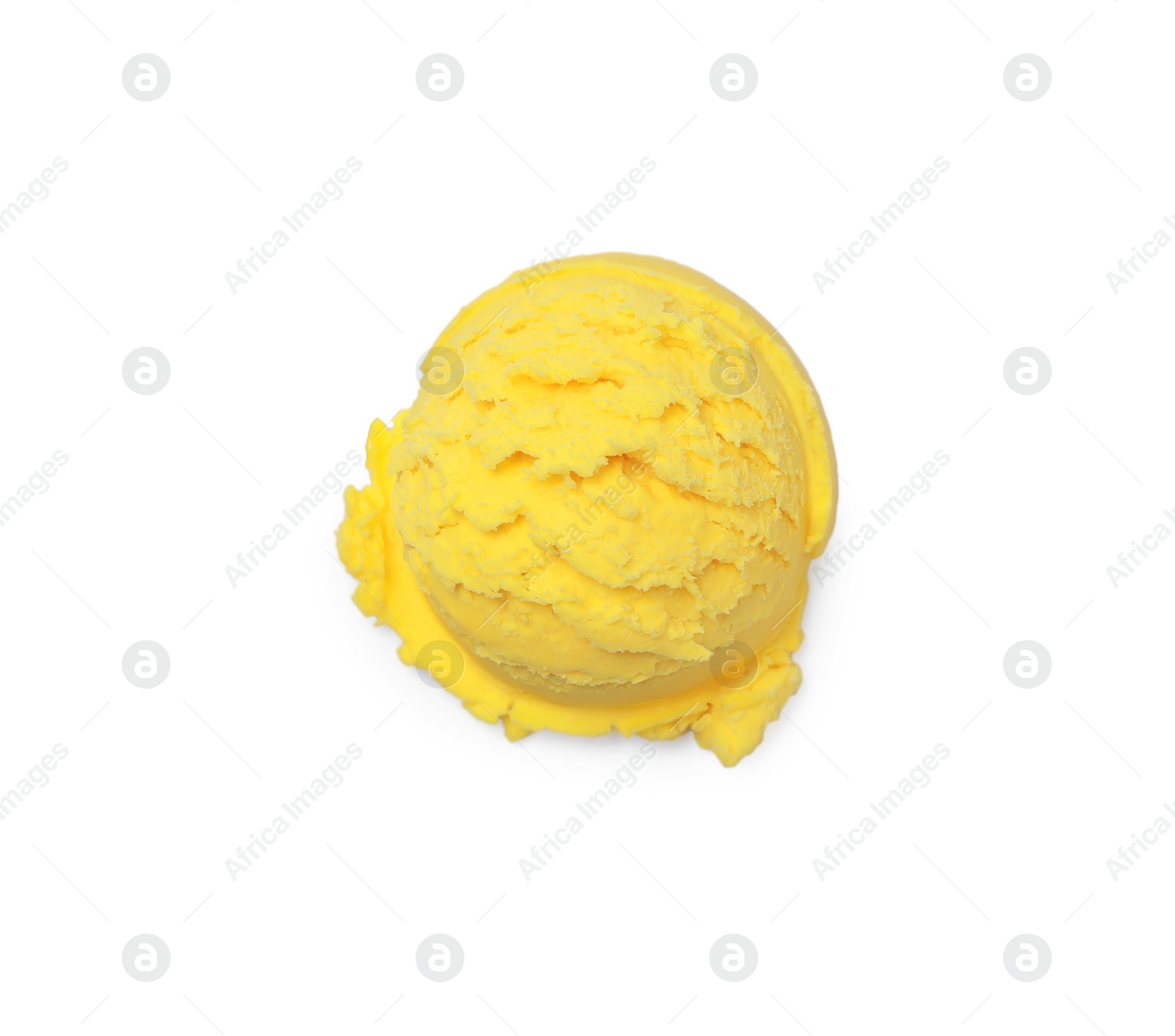 Photo of Scoop of tasty yellow ice cream isolated on white, top view