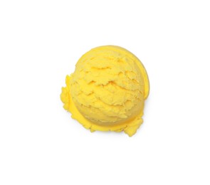 Scoop of tasty yellow ice cream isolated on white, top view