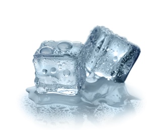 Photo of Crystal clear ice cubes on white background