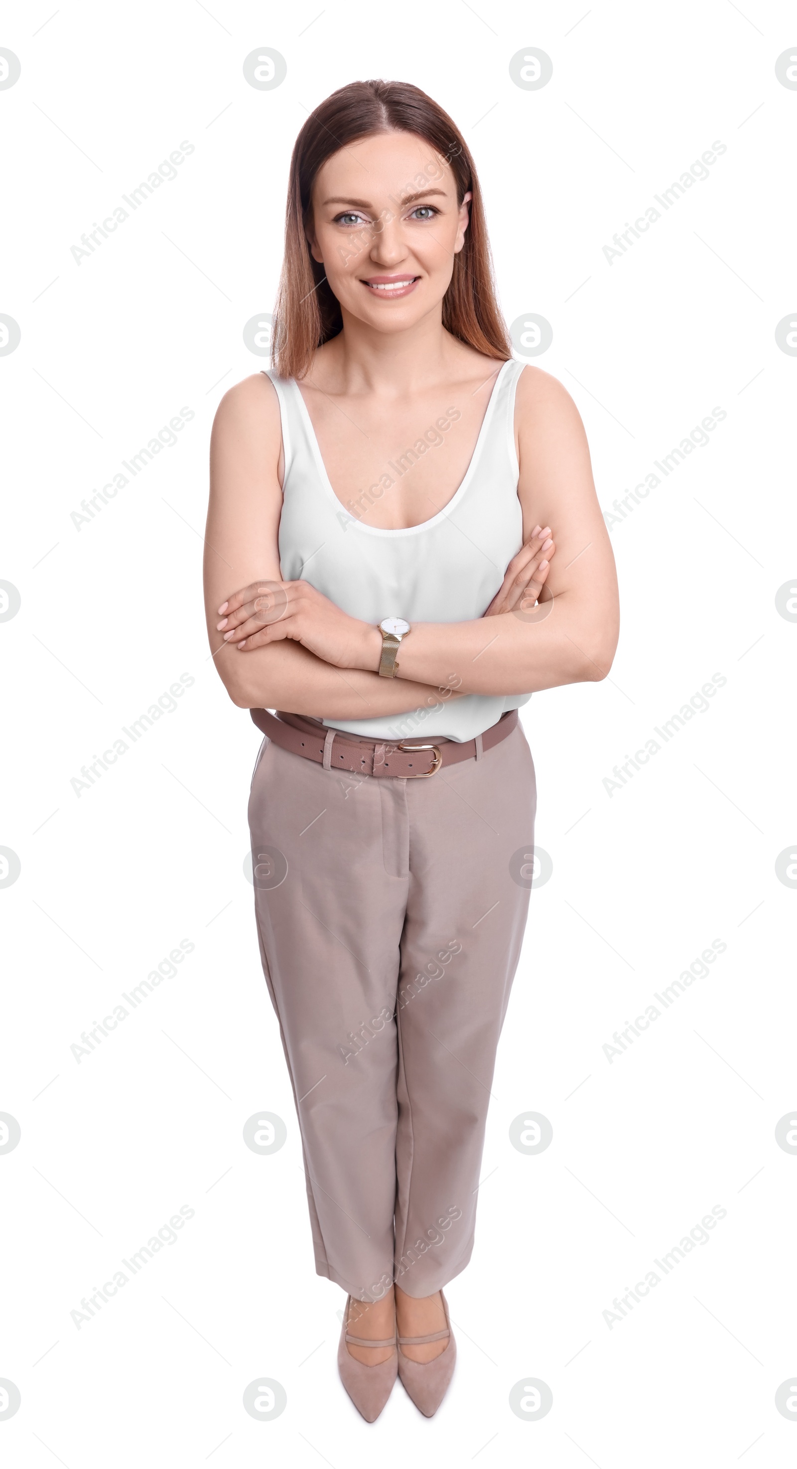 Photo of Beautiful businesswoman crossing arms on white background, above view