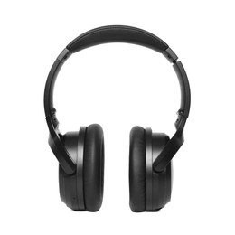 Photo of Modern black wireless headphones isolated on white