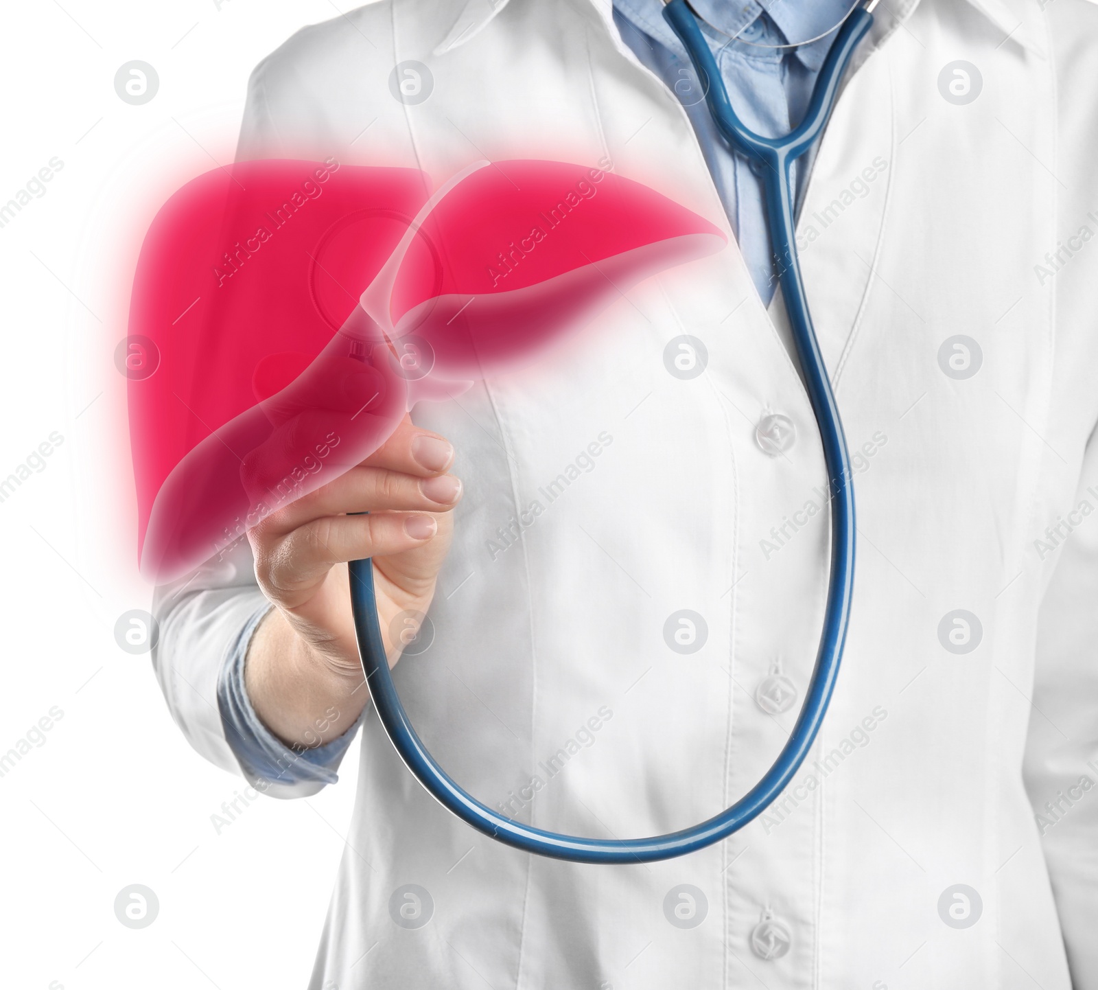 Image of Doctor with stethoscope and illustration of healthy liver on light background, closeup