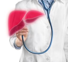 Image of Doctor with stethoscope and illustration of healthy liver on light background, closeup