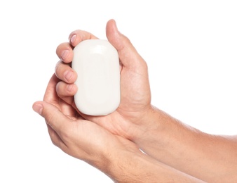 Photo of Man holding soap bar on white background