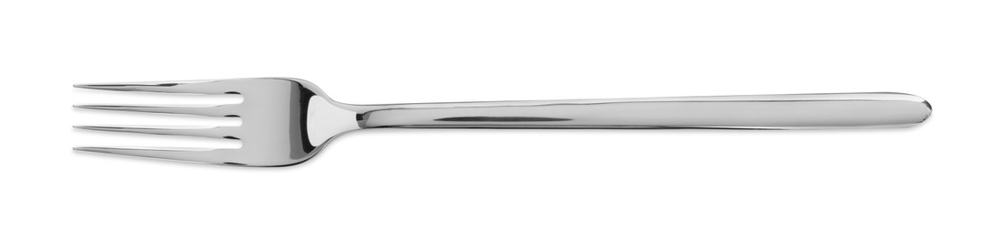 Photo of One shiny metal fork isolated on white, top view