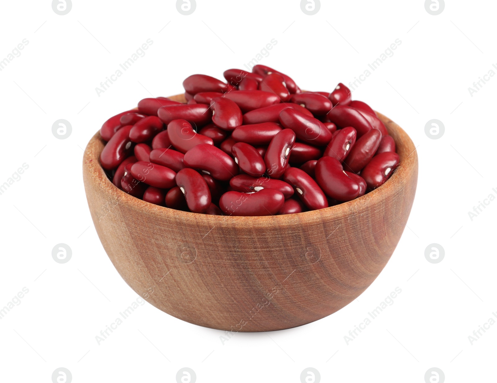 Photo of Wooden bowl of raw red kidney beans isolated on white
