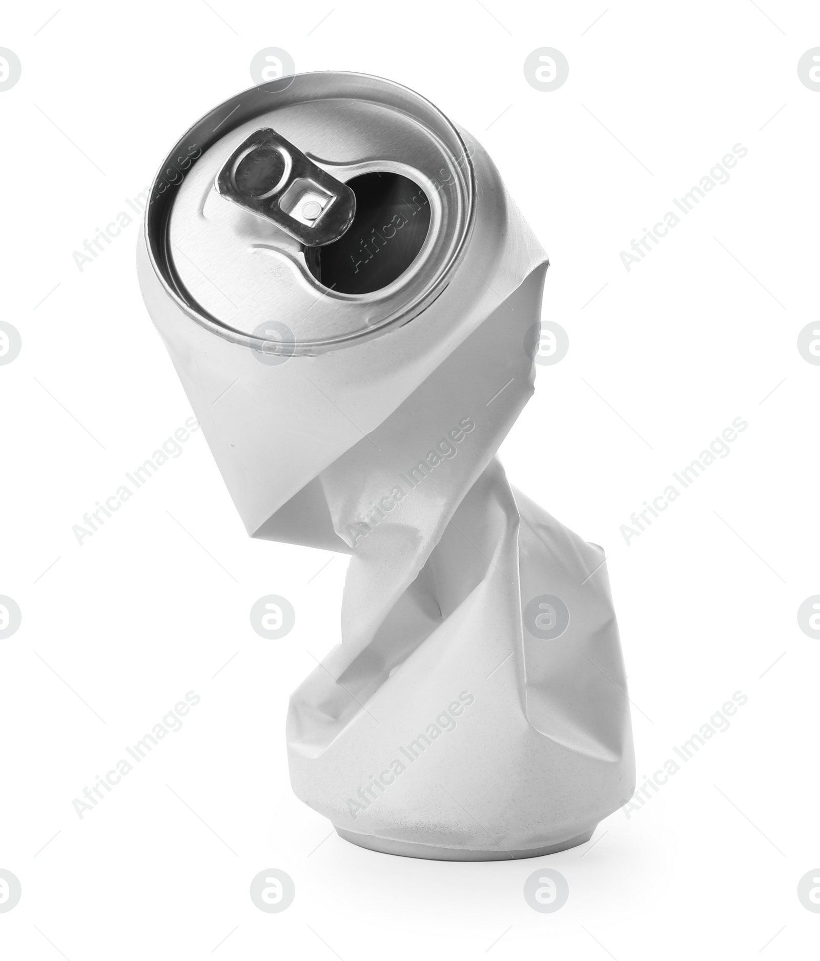 Photo of Empty crumpled aluminum can on white background. Metal waste recycling