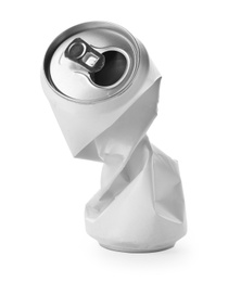 Empty crumpled aluminum can on white background. Metal waste recycling