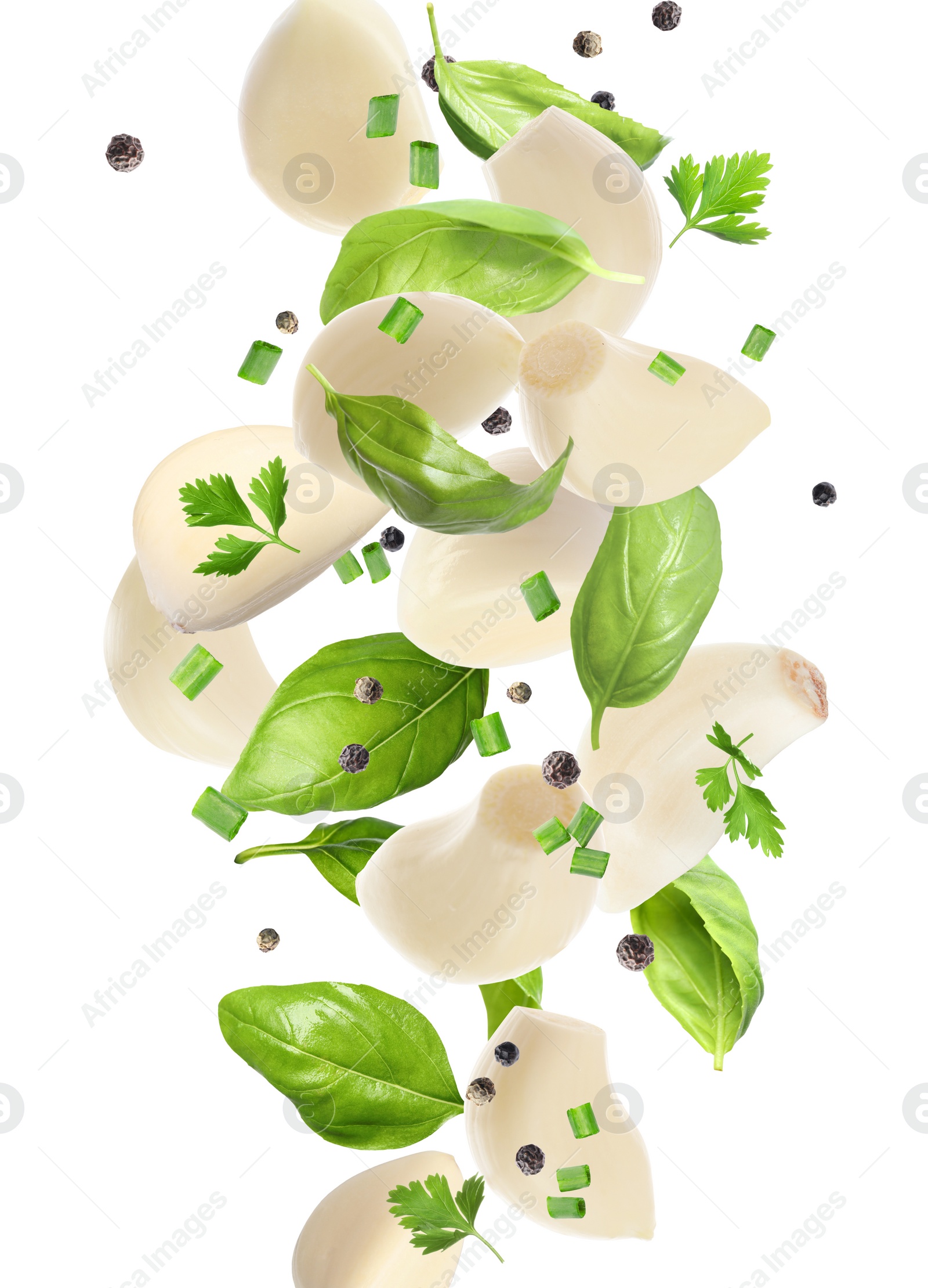 Image of Fresh peeled garlic cloves, peppercorns, basil and parsley flying on white background