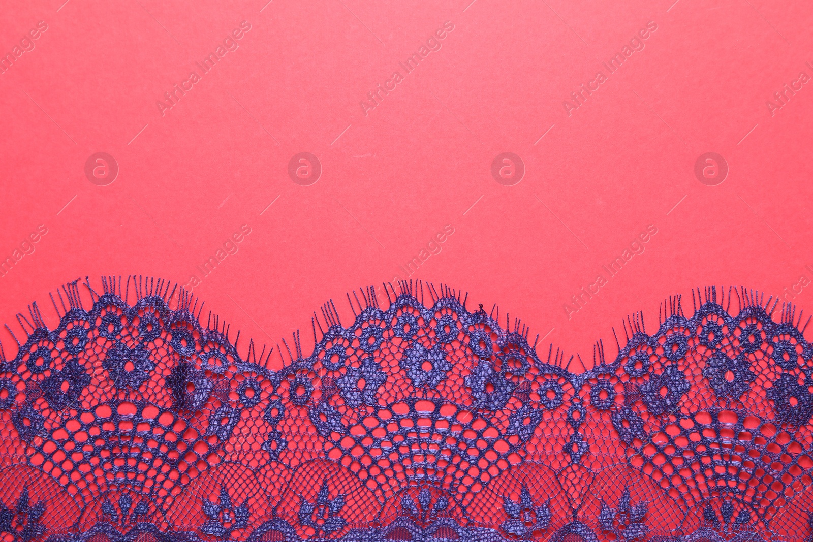 Photo of Blue lace on red background, top view. Space for text