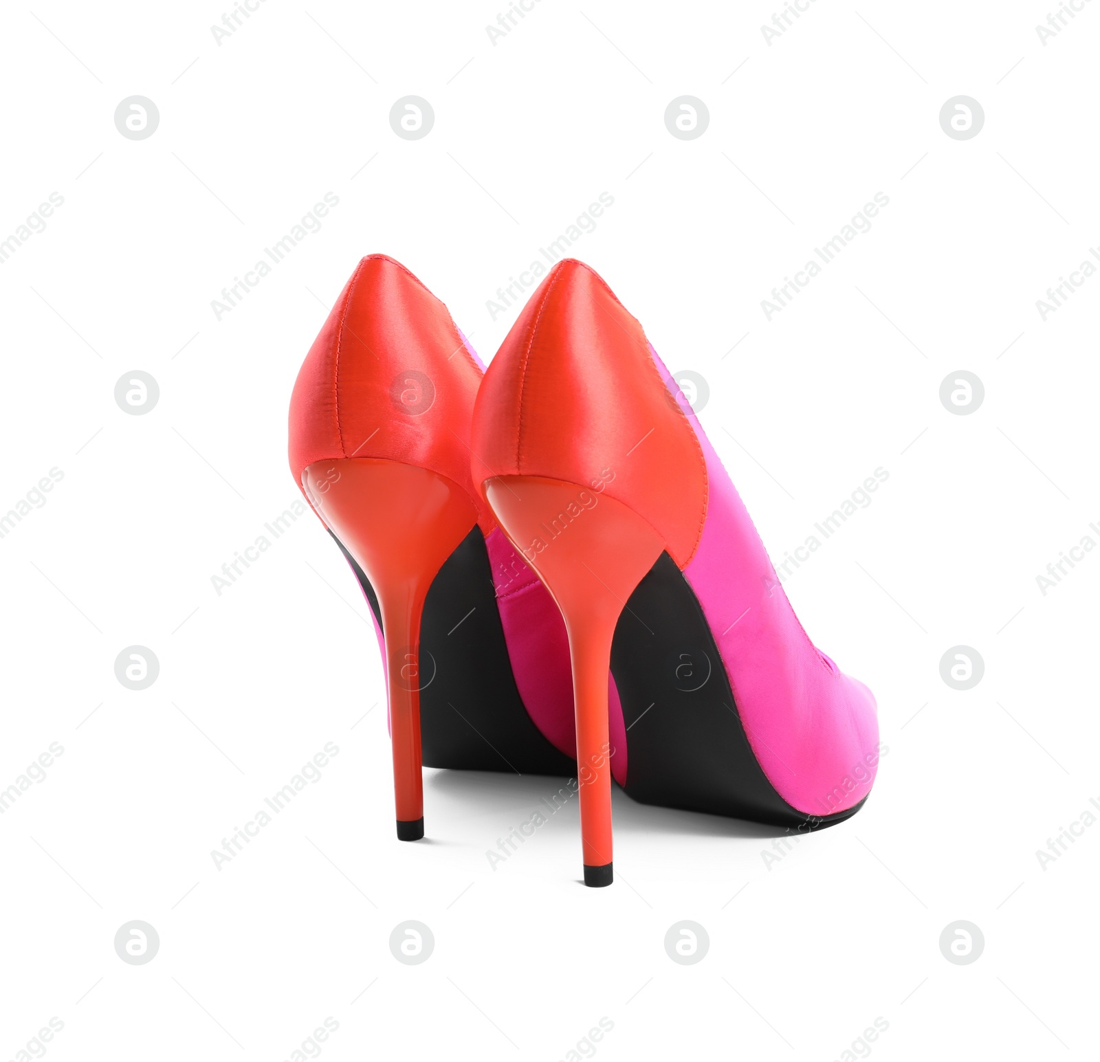 Photo of Pair of beautiful shoes on white background