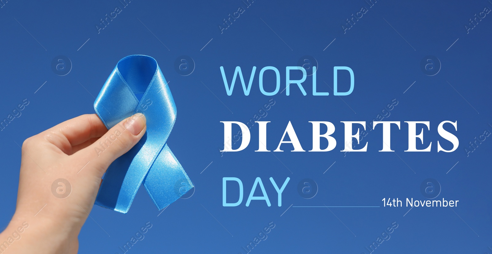 Image of World Diabetes Day. Woman with light blue ribbon on color background, closeup. Banner design