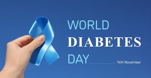 Image of World Diabetes Day. Woman with light blue ribbon on color background, closeup. Banner design