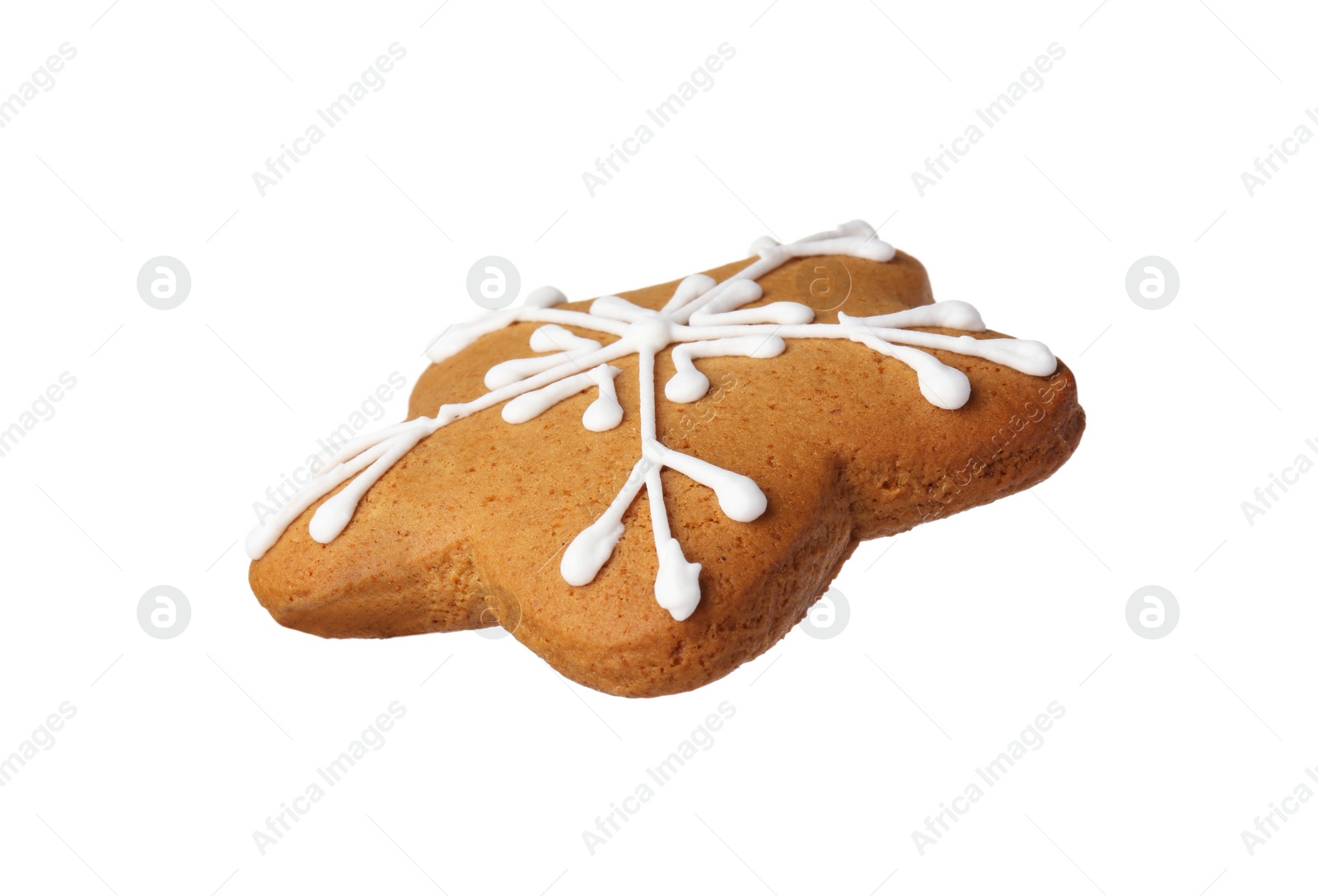 Photo of Tasty star shaped Christmas cookie with icing isolated on white