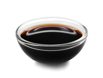 Bowl of tasty soy sauce isolated on white