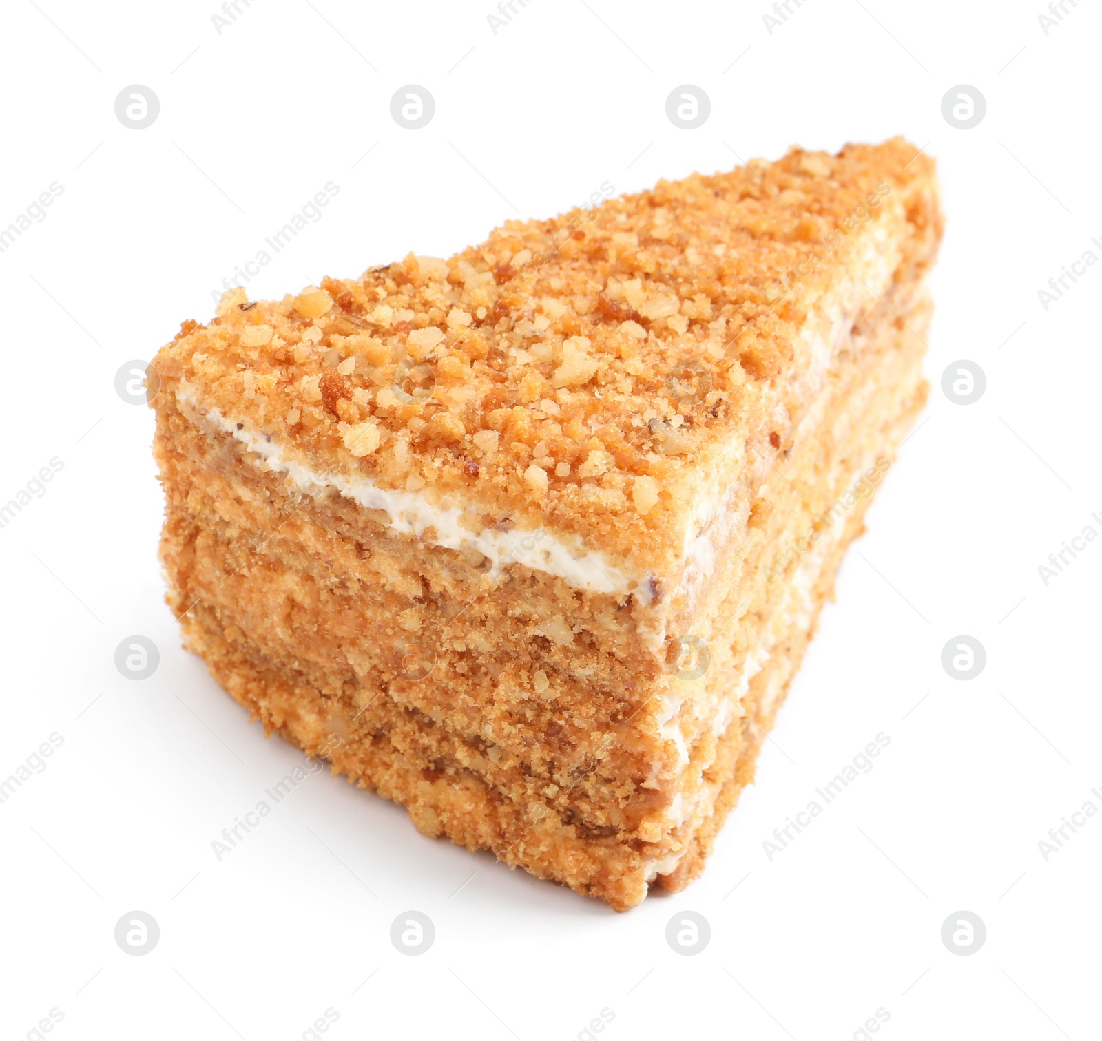 Photo of Slice of delicious honey cake isolated on white