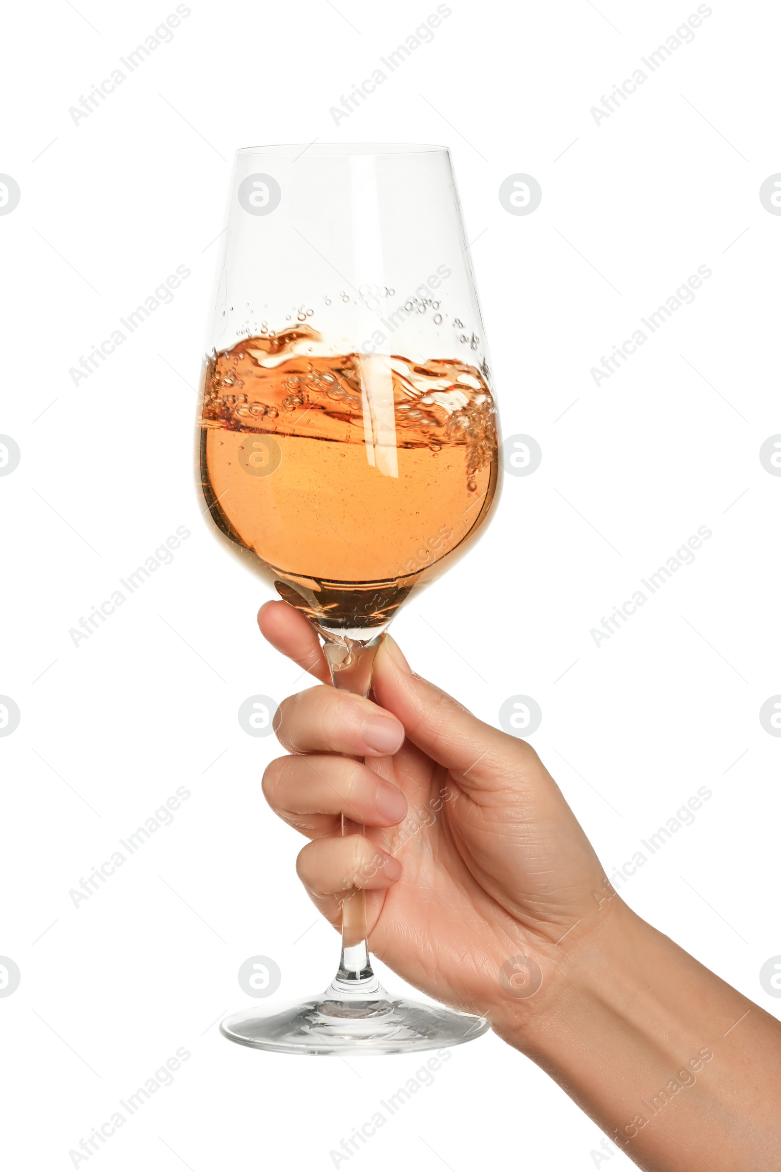 Photo of Woman with glass of rose wine isolated on white, closeup