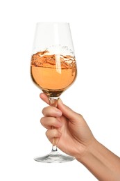 Photo of Woman with glass of rose wine isolated on white, closeup