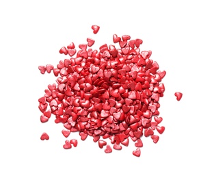 Pile of sweet candy hearts on white background, top view