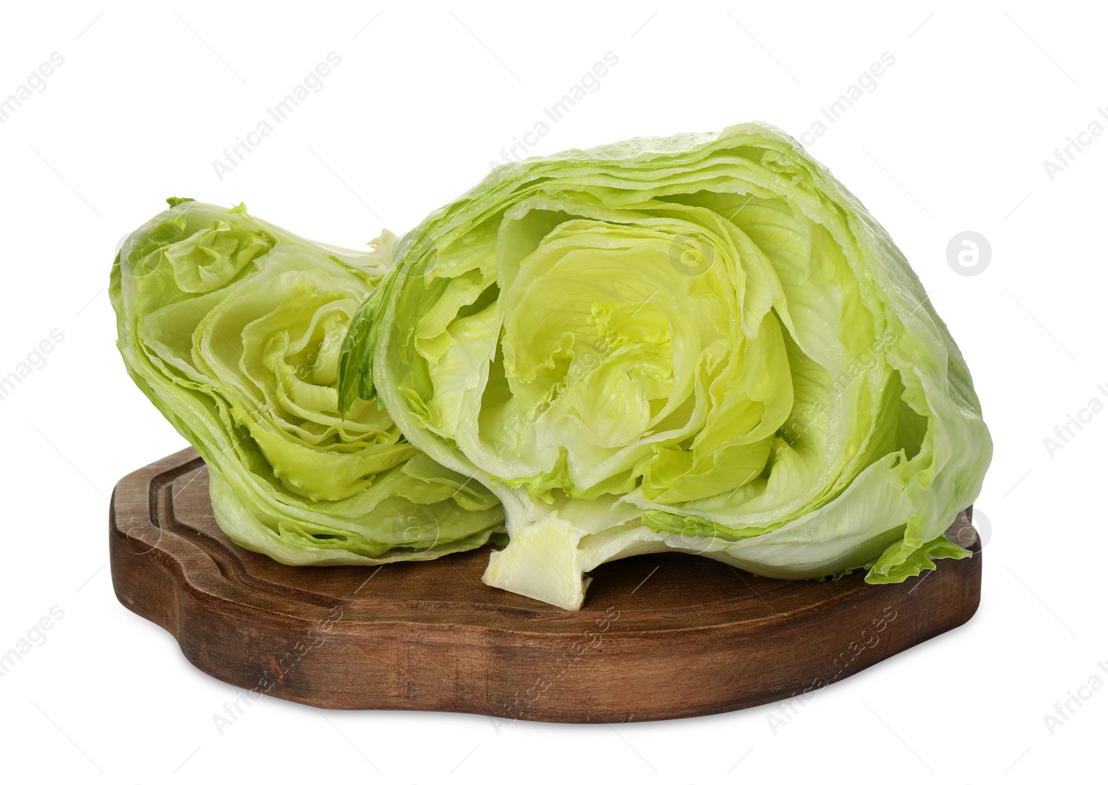 Photo of Halves of fresh green iceberg lettuce isolated on white