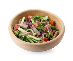 Photo of Delicious salad with beef tongue and vegetables isolated on white