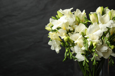 Beautiful freesia flowers on black background, closeup. Space for text