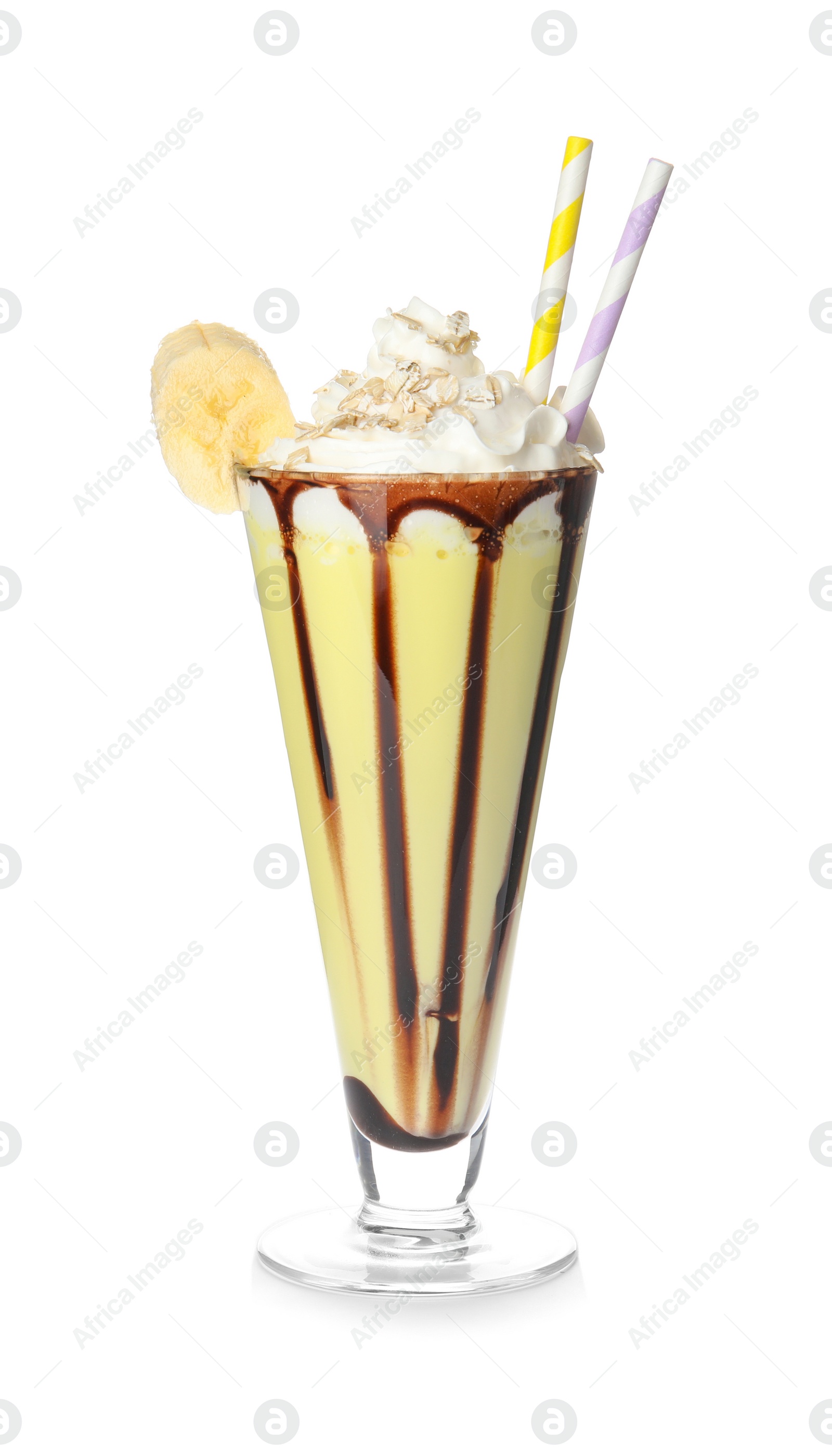 Photo of Glass of tasty milk shake on white background