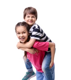 Photo of Happy brother and sister on white background