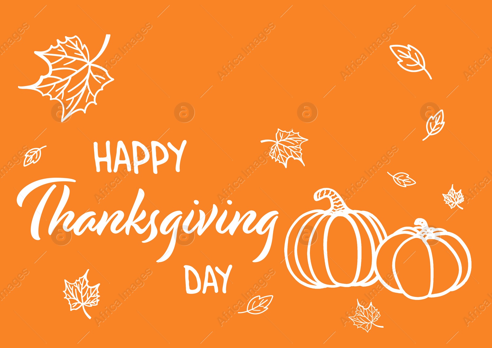 Illustration of Thanksgiving day card design. Text, leaves and pumpkins on orange background, illustration