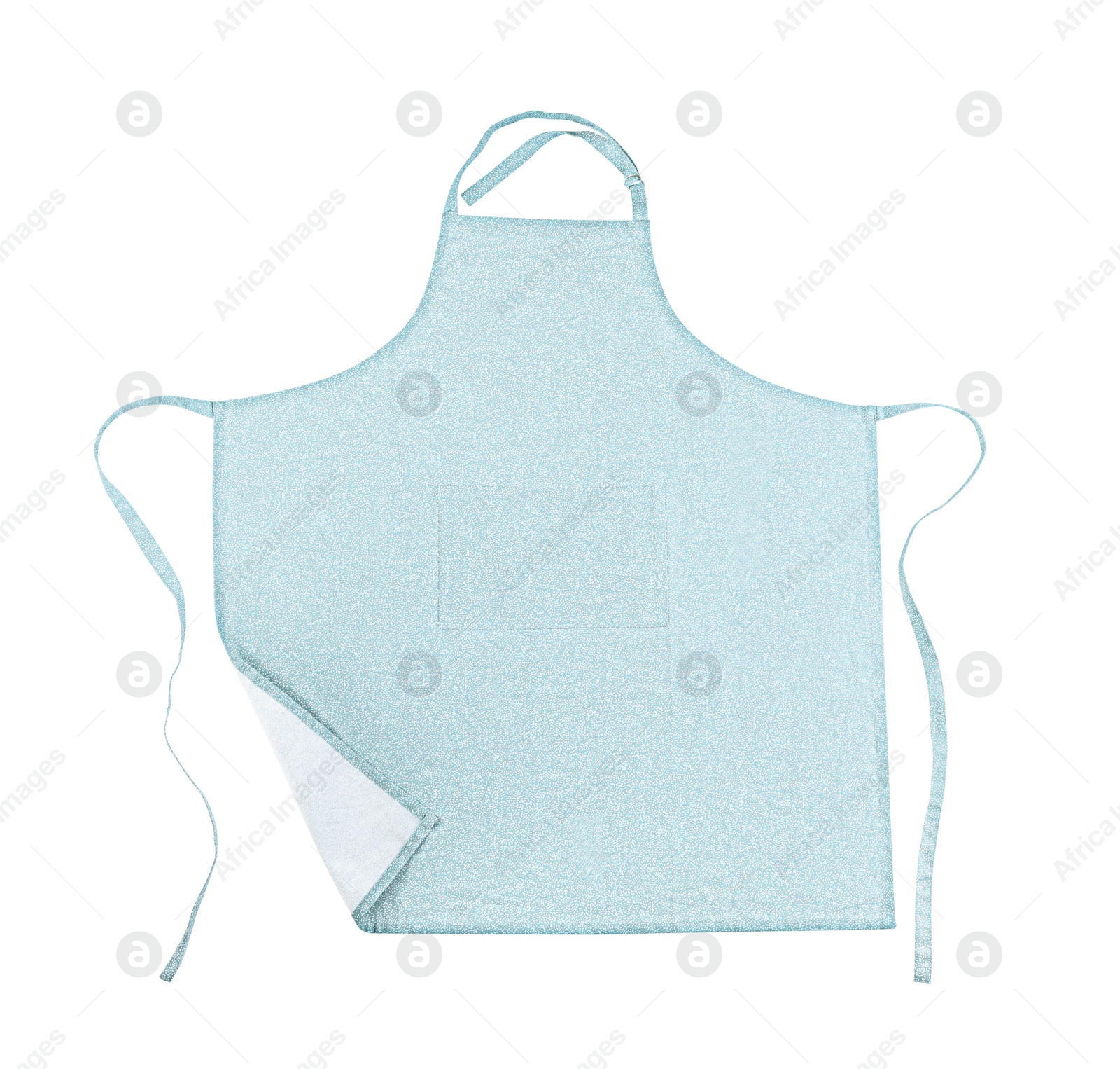 Photo of Light blue apron with pattern isolated on white, top view